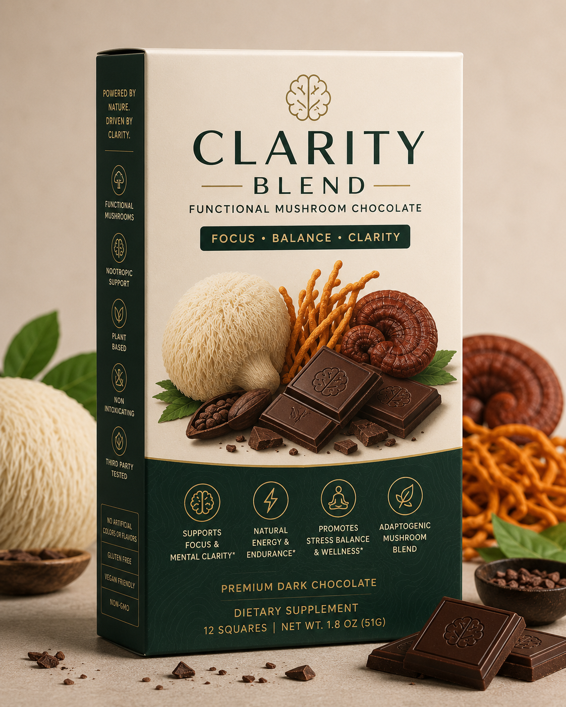 Clarity Blend Functional Mushroom Chocolate carton with chocolate squares