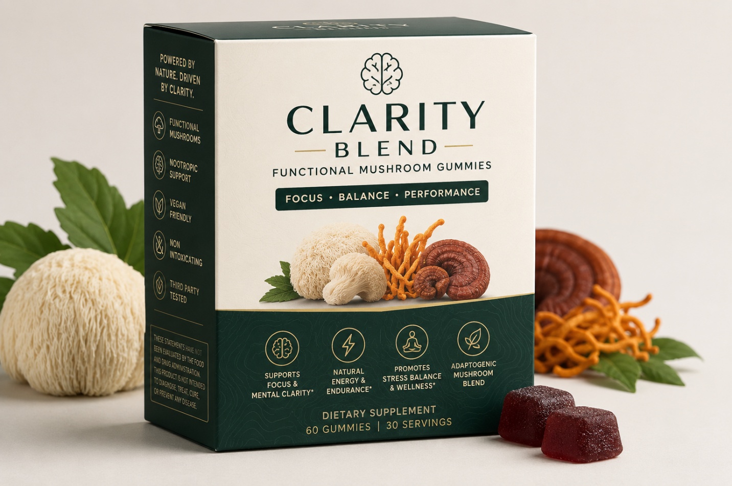 Clarity Blend Functional Mushroom Gummies carton with two gummies