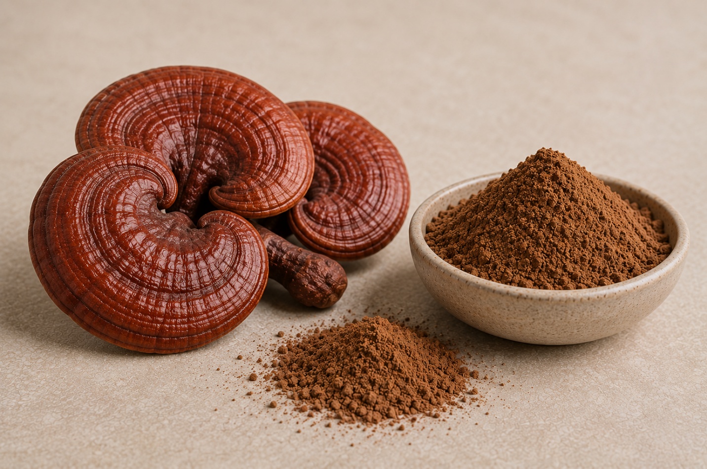 Reishi mushrooms beside a bowl of Reishi powder