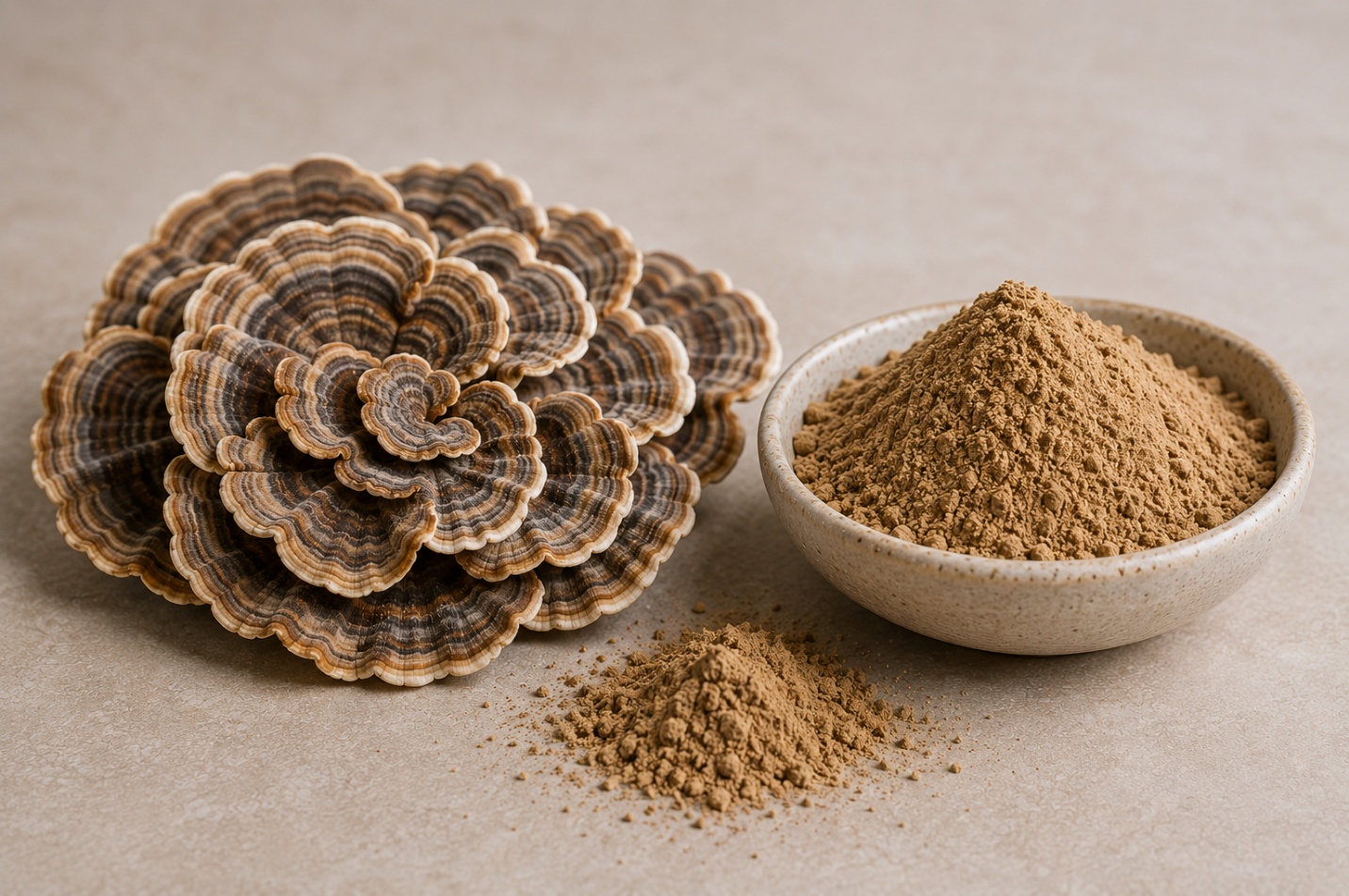 Turkey Tail mushrooms beside a bowl of Turkey Tail powder